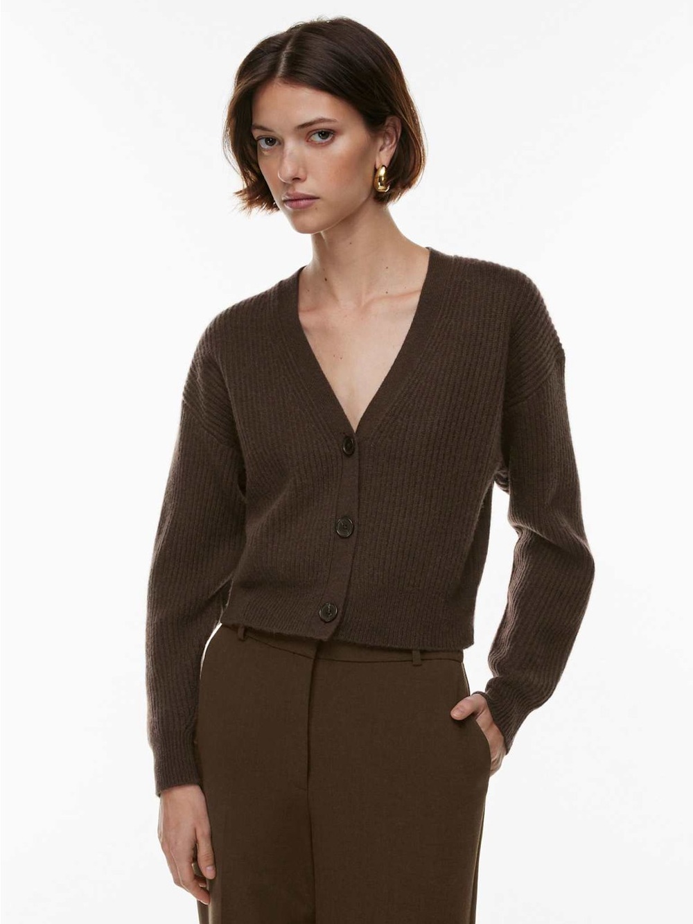 Cashmere Women's V-Neck Button Ribbed Cardigan Sweater - Brown